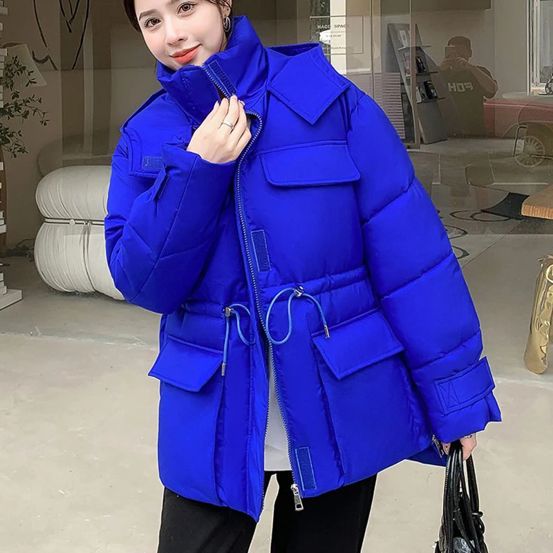 Gidyq Winter Thick Warm Parkas Women Fashion Designed Drawstring Loose Down Jacket Casual Female Big Pocket Korean Puffty Coats