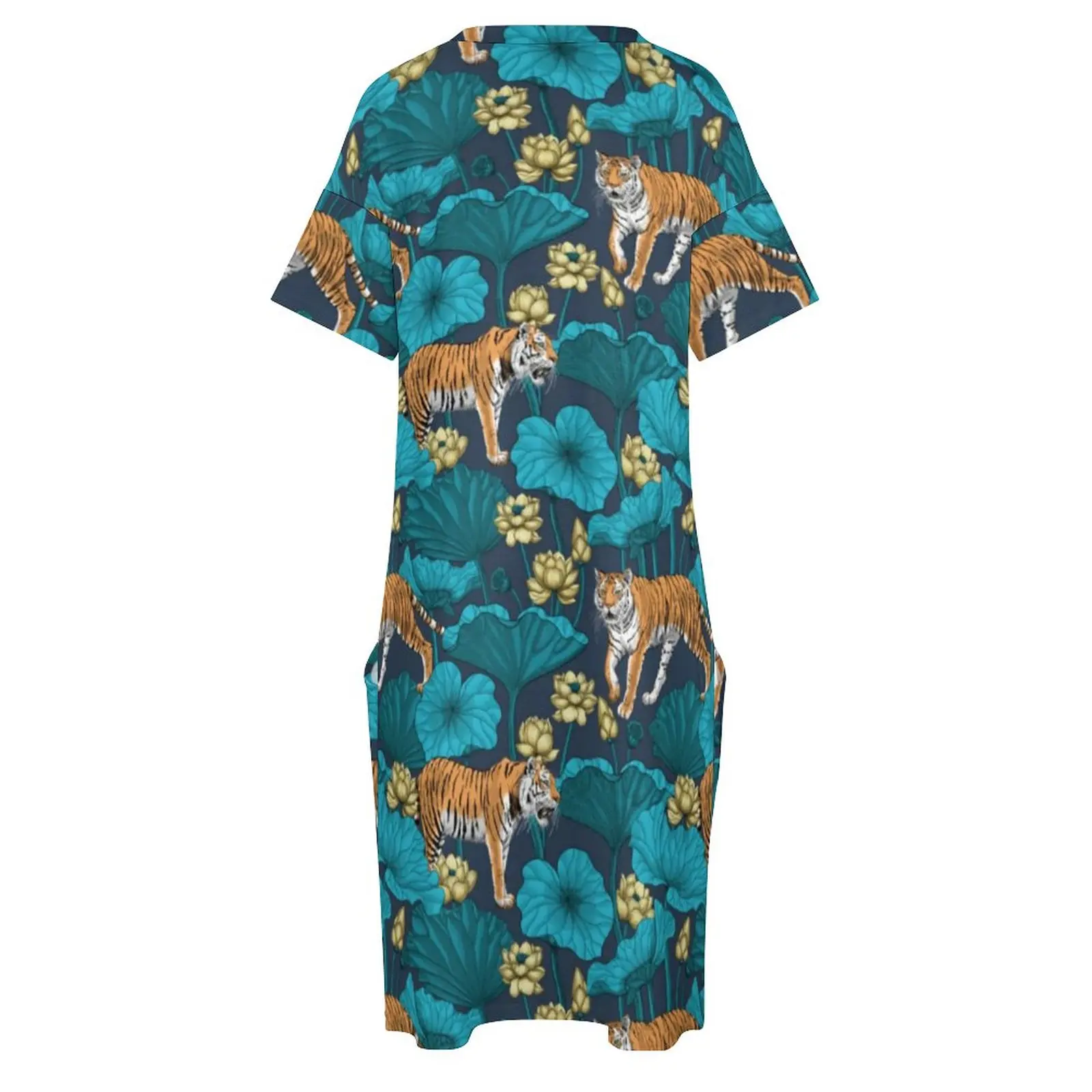 Vestido informal de verano con estampado de tigre salvaje para mujer, ropa Kawaii con estampado de Lotus Pond, cuello de pico, talla grande 4XL 5XL