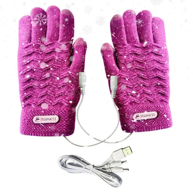 1 Pair Heated Knitting Full Finger Mittens Windproof USB Electric Heating Gloves Portable Constant Temperature Hand Warmer