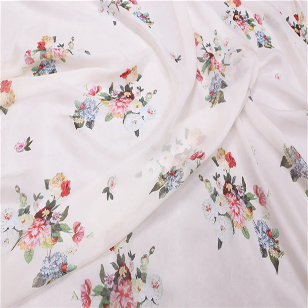 Elegant Style Nice Floral Design Pure Material Lightweight Hot Sale Silk Chiffon Fabric for Women Dress