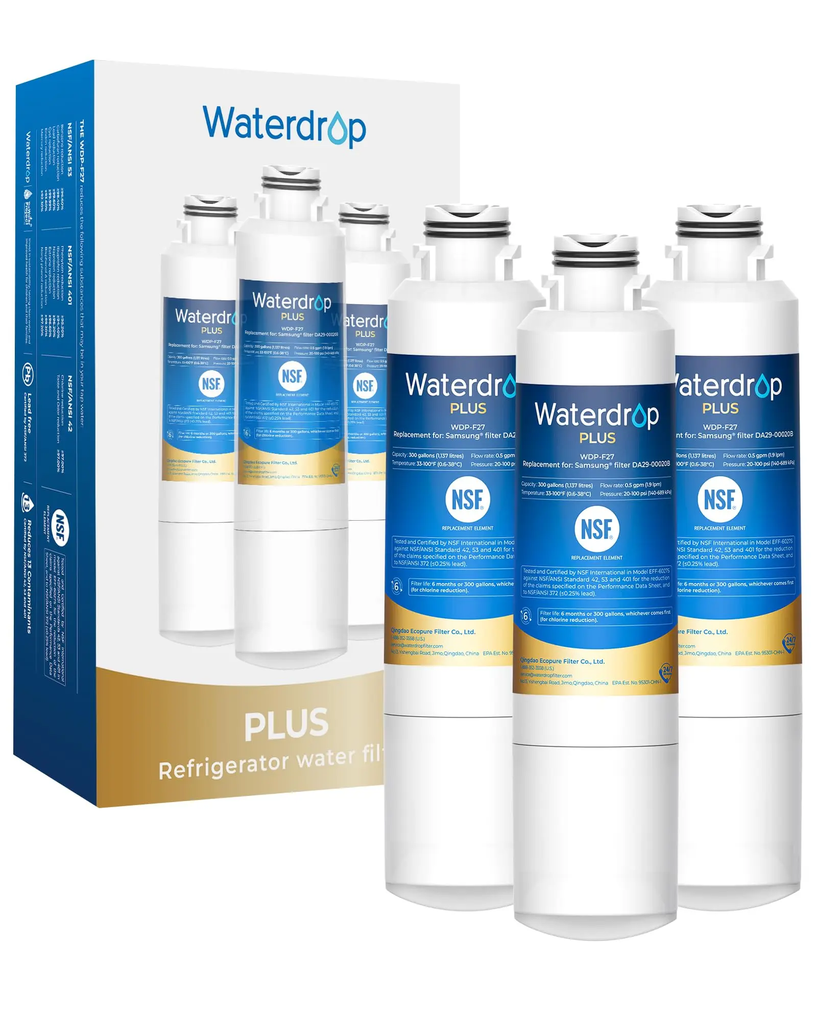 Waterdrop Plus WDP-F27 NSF 401 Certified Refrigerator Water Filter, Reduce PFOA/PFOS, Replacement for Samsung® DA29-00020B Water Filter HAF-CIN, HDX FMS-2, DA97-08006A-1, 46-9101, RF28HMEDBSR