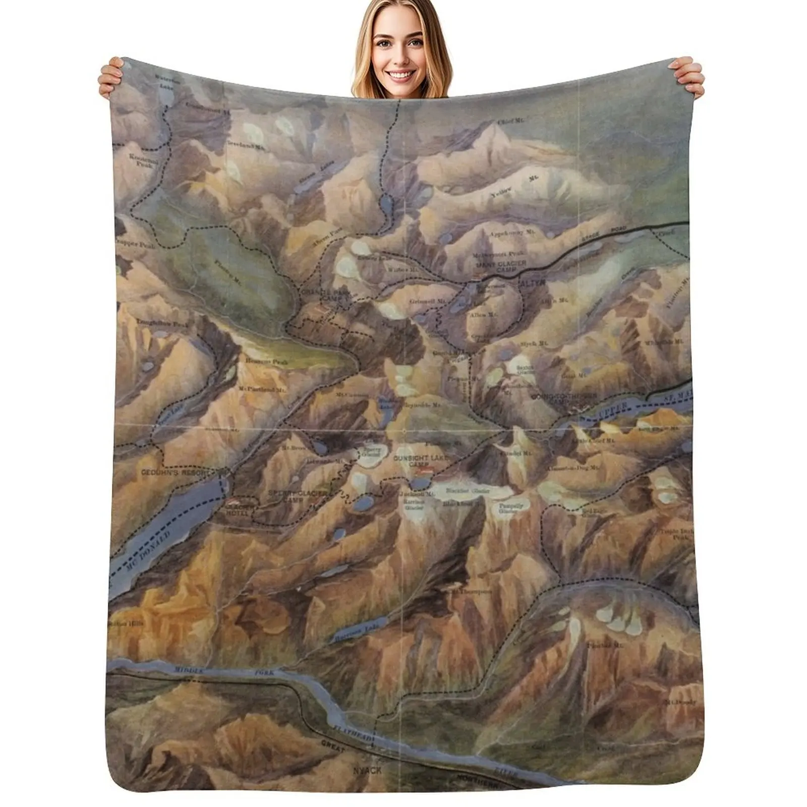 Vintage Glacier National Park Map (1914) Throw Blanket Cozy Microfiber Throw Blanket for Home Bedroom
