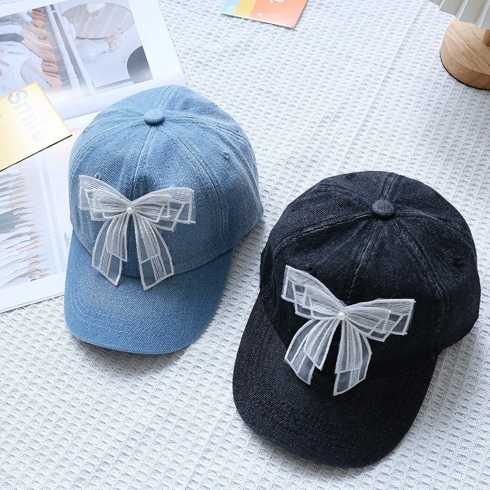 Girl Mesh Bow Denim Baseball Hat Fashion Kids Girls Princess Peaked Hat Outdoor Children Casual Caps Cotton Baby Sunscreen Cap