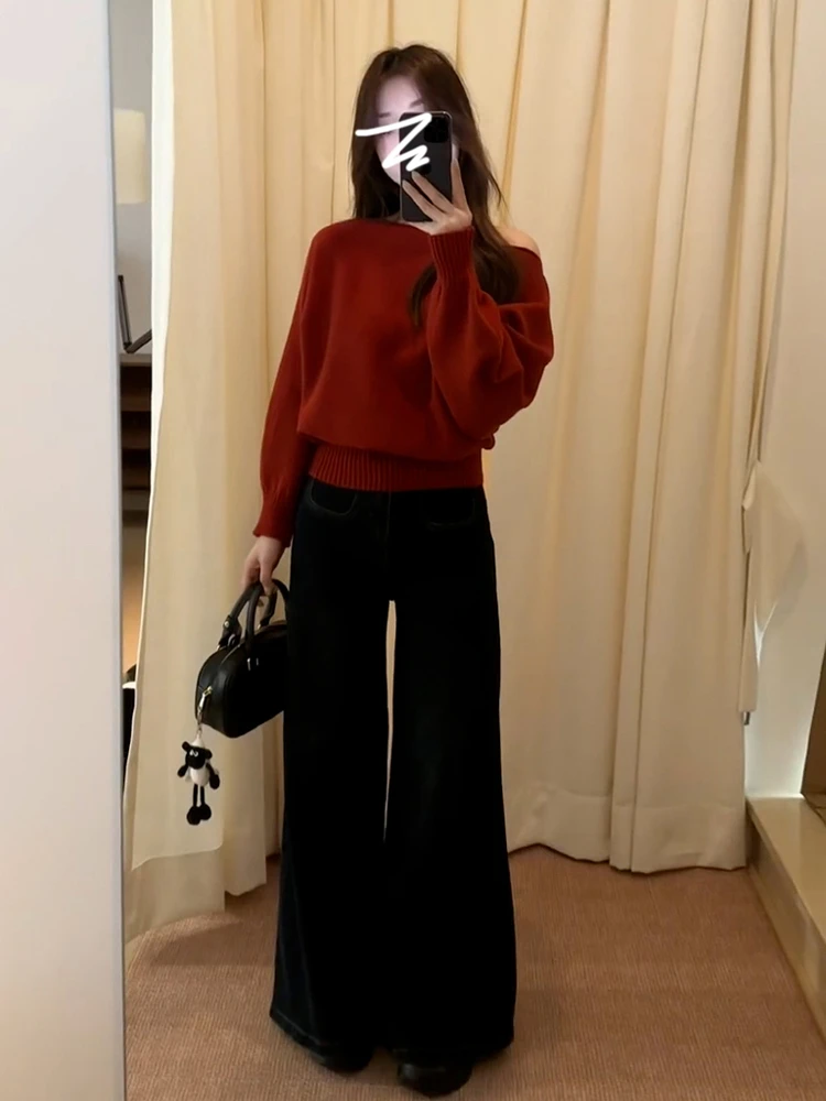 2025 Neuer roter gestrickter One-Shoulder-Pullover für Damen, reine Farbe, einzigartig, Herbst-Winter, Faion Sweet Sle Loose Fit Long Sve