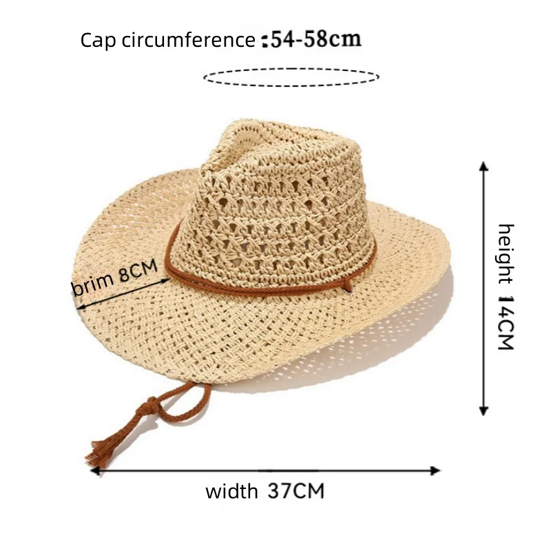 New Handmade Weaving Western Cowboy Straw Hat with Hollow Breathable Sunshade cap for Outdoor Beach Travel