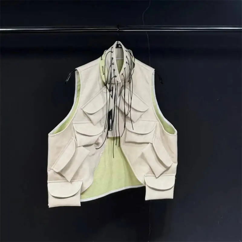 PU Cargo Sleeveless Men's Vest Multi Pocket Drawstring Collar Waistcoat Outdoor Functional Layering Tops VDC34