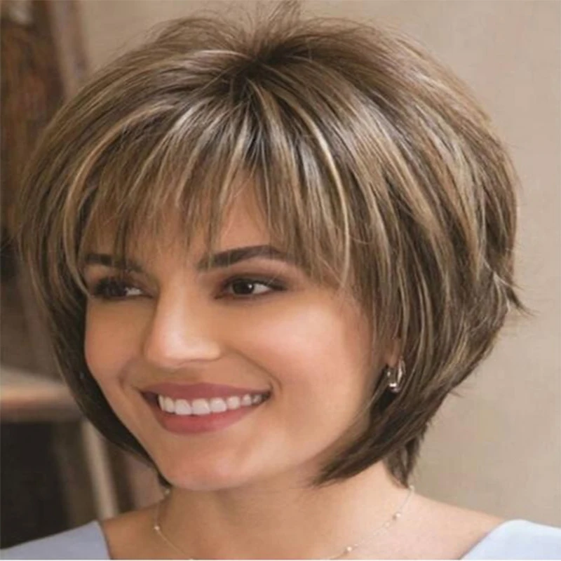 

Short Synthetic Bob Wigs for Women Short Hair Straight Brown Wigs with Bangs Natural Look Japanese Hair Cut Daily Party Wigs