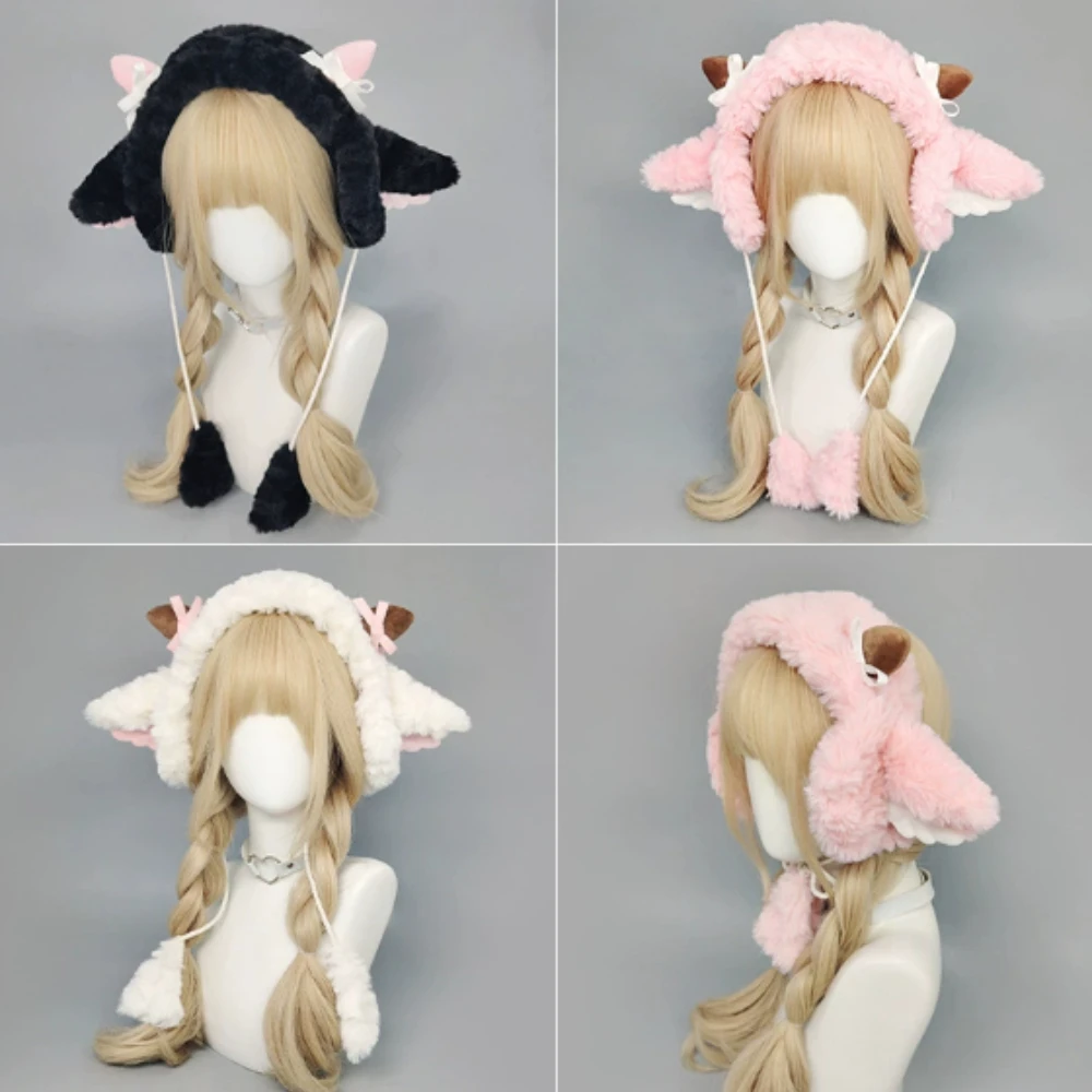 Gorro de conejo Y2K Kawaii de piel sintética de felpa para invierno, gorro con protección para los oídos peludo cálido, gorro gótico, calentadores de piernas, disfraz de actuación, sombreros de bombardero