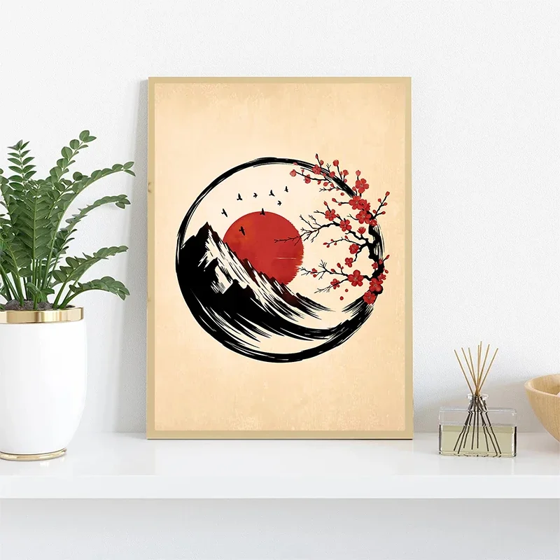 Large-sized 1pc frameless Canvas Painting Zen Enso Circle Lotus Japanese Style Artwork Canvas Painting Sumie Bonsai Sakura Poste