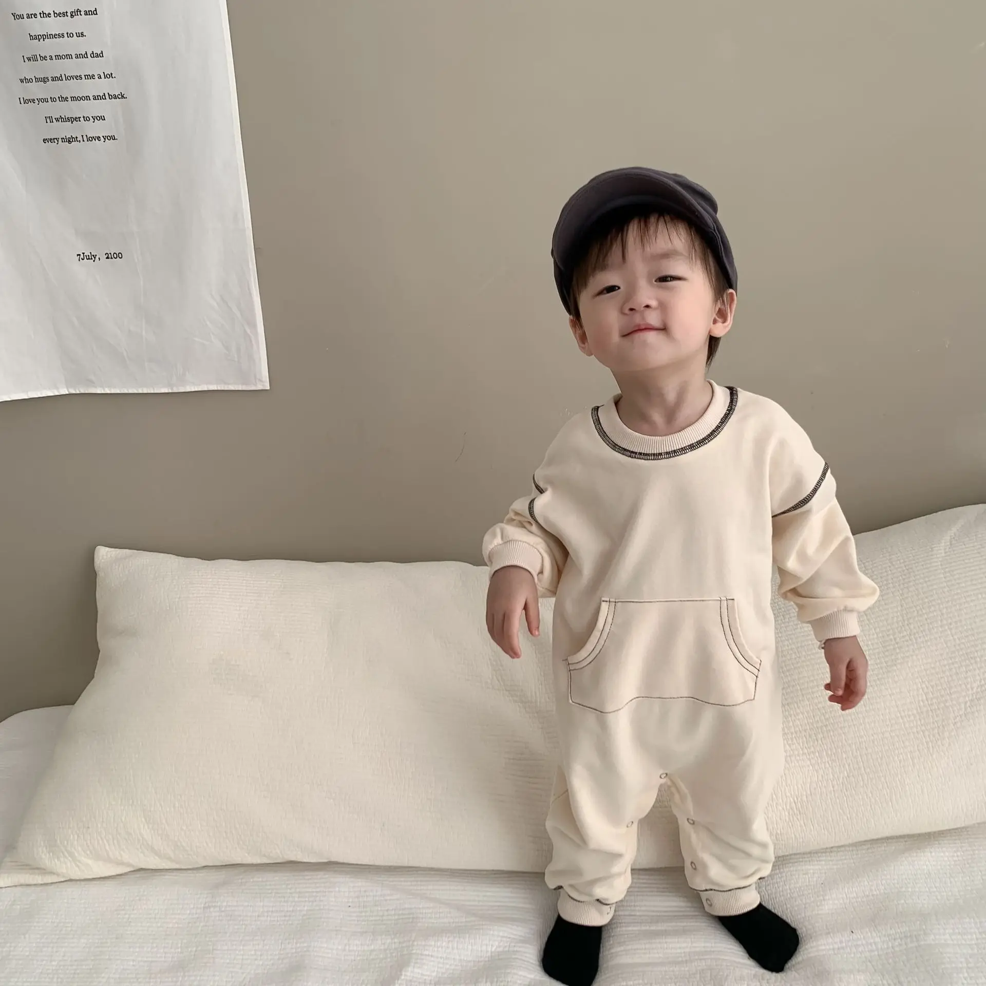 

2024 Spring New Baby Long Sleeve Romper Boy Girl Newborn Solid Casual Pocket Jumpsuit Cotton Infant Toddler Loose Clothes 0-24M