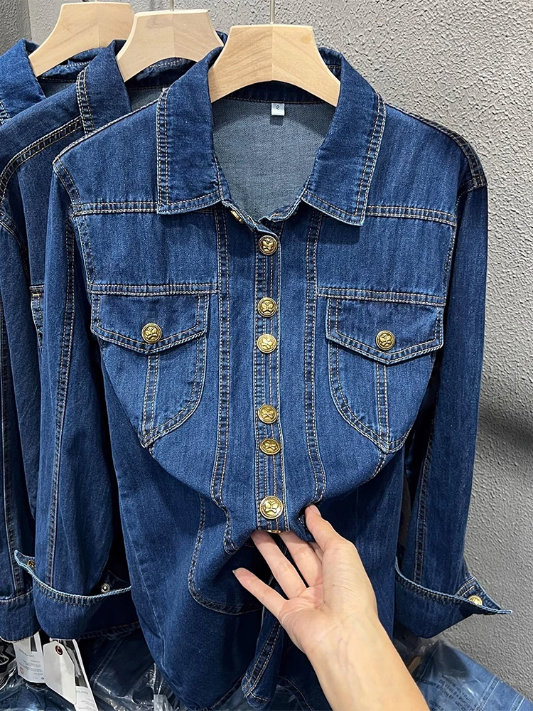 

Hong Kong Style Women's Denim Shirt Long Sleeve Inner Wear Layering Top Spring Autumn Versatile Long Sleeve Winter Outerwear