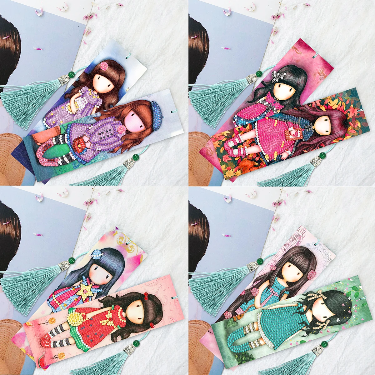 Cartoon Girl Bookmark PU Diamond Painted Bookmark 2-piece Set Diamond Embroidery DIY Gift Handmade Art