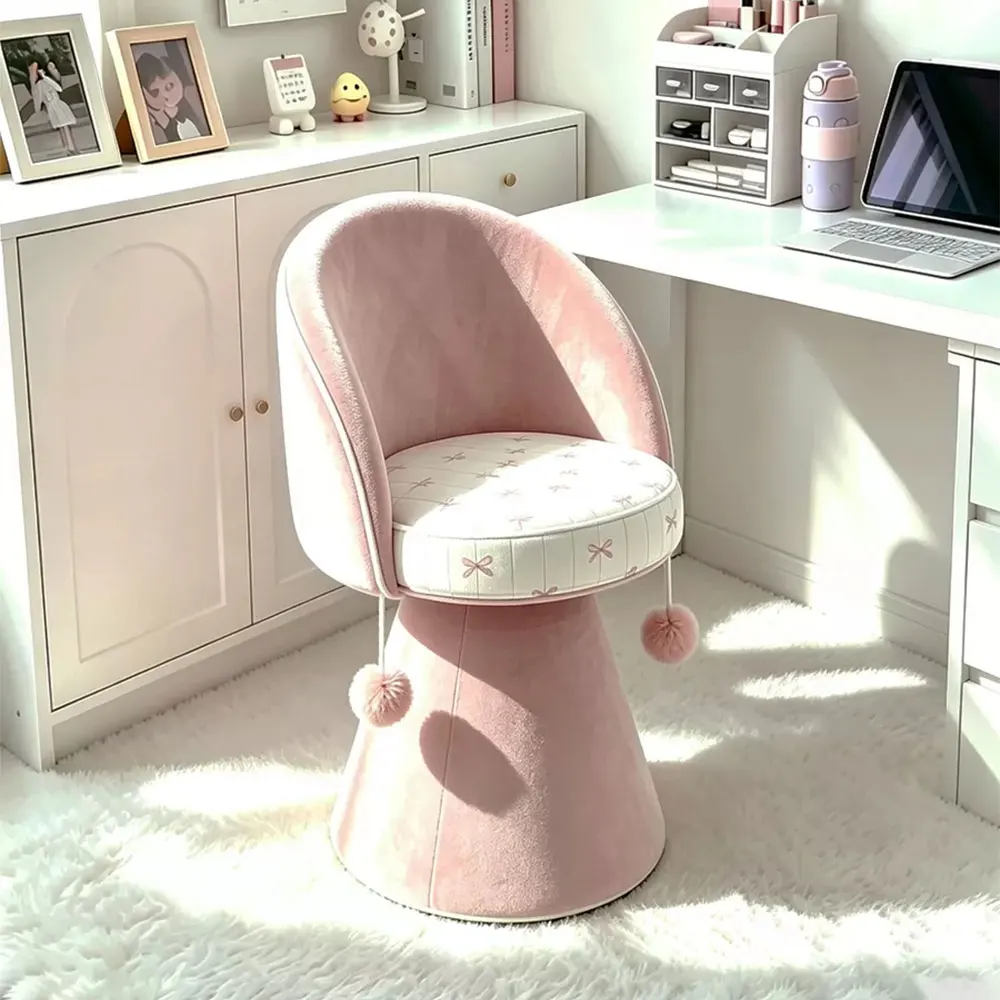 Custom Cute Princess Pink Velvet Vanity Chair Bowknot Pattern Cushion Makeup Stool Swivel Desk Seat For Girl Bedroom Study Salon