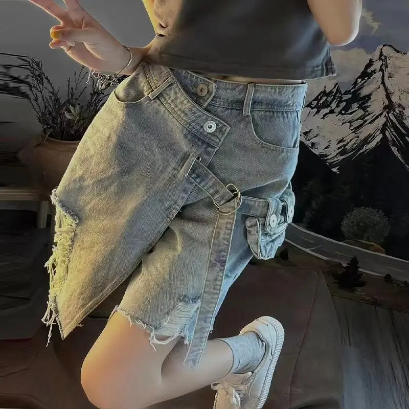 Women Shorts 2024 Summer Sexy Knee-length Denim Design Thin New Arrival Hole Chic Vintage Pockets Fashion All-match Streetwear