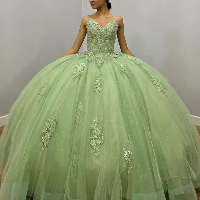 

Мятно-зеленые блестящие платья Quinceanera, 2025 г., кружевные аппликации из бисера, вечерние платья для дня рождения, милое платье 16, мексиканские платья Vestidos De 15 Anos