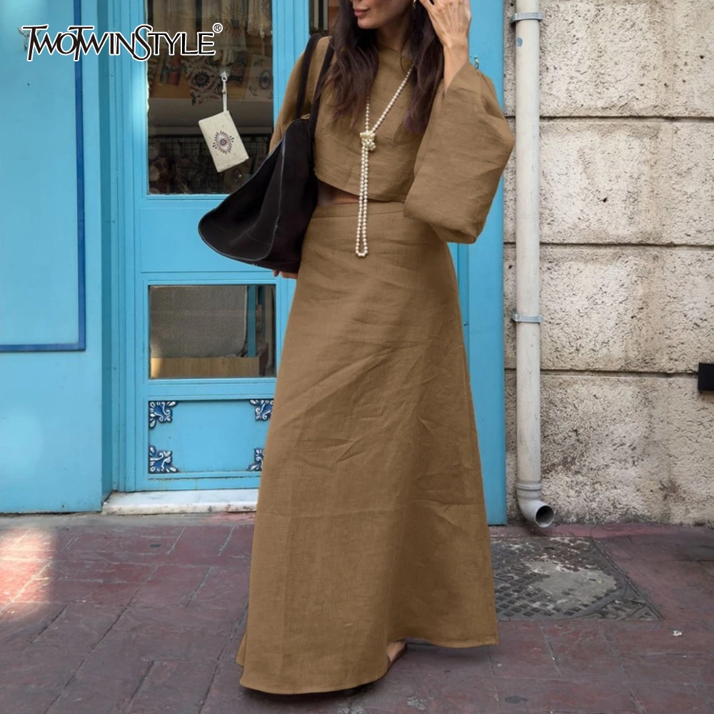 

TWOTWINSTYLE Casual Two Piece Set for Women O Neck Off One Shoulder Flare Sleeve Top High Waist A Line Skirts Suit Female New