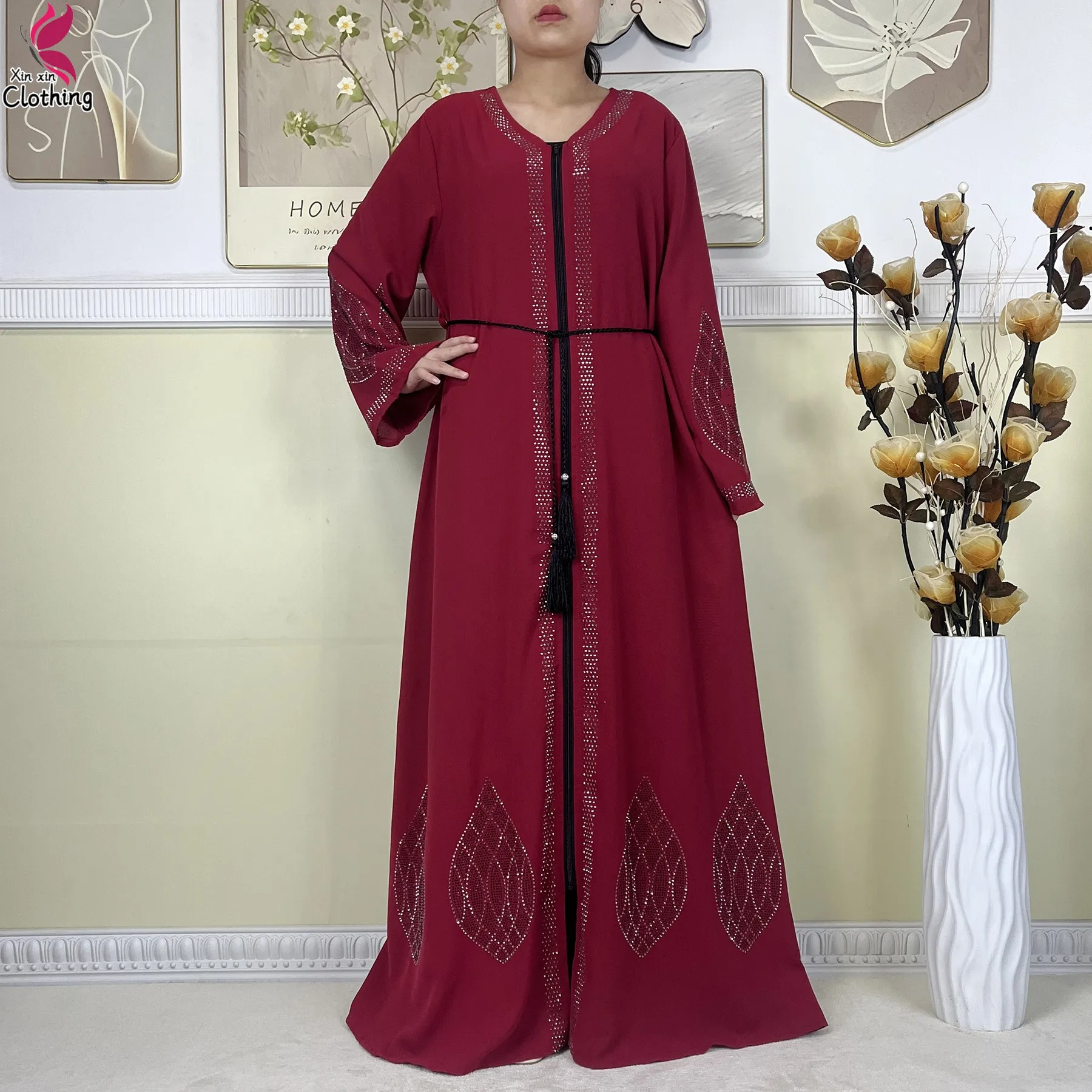 2025 neue Dubai Muslimischen Elegante Party Kleid Offenen Reißverschluss Abaya Islam Frauen Kleidung Lange ärmel Lose Chiffon Stoff Afrikanisches Kleid