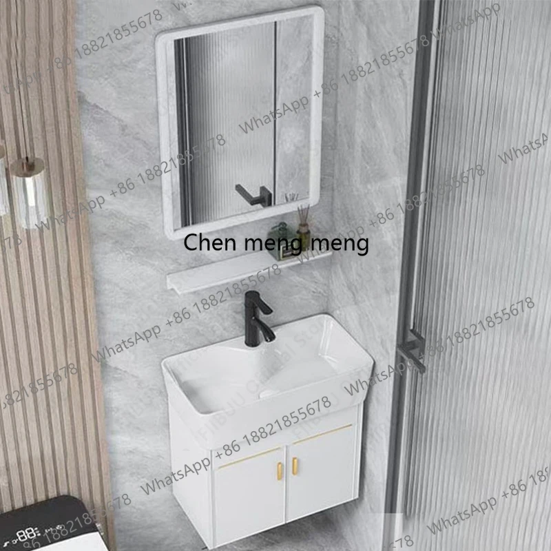 Small Space Bathroom Vanity Wall Mounted Compact Aluminum Sink Cabinet with Ceramic Basin Mirror Storage for Tiny Bathroom