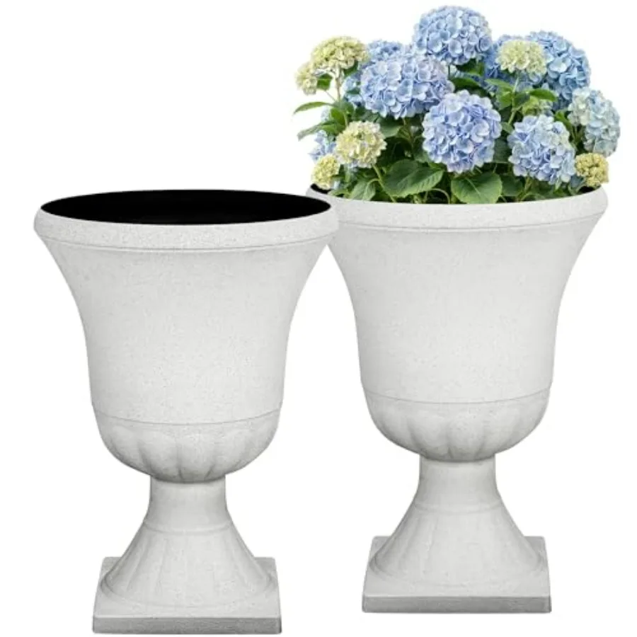 Outdoor planters for porch and patio use, terrazzo white plastic urn pots with drainage holes, set of 2, 22-inch large flower p