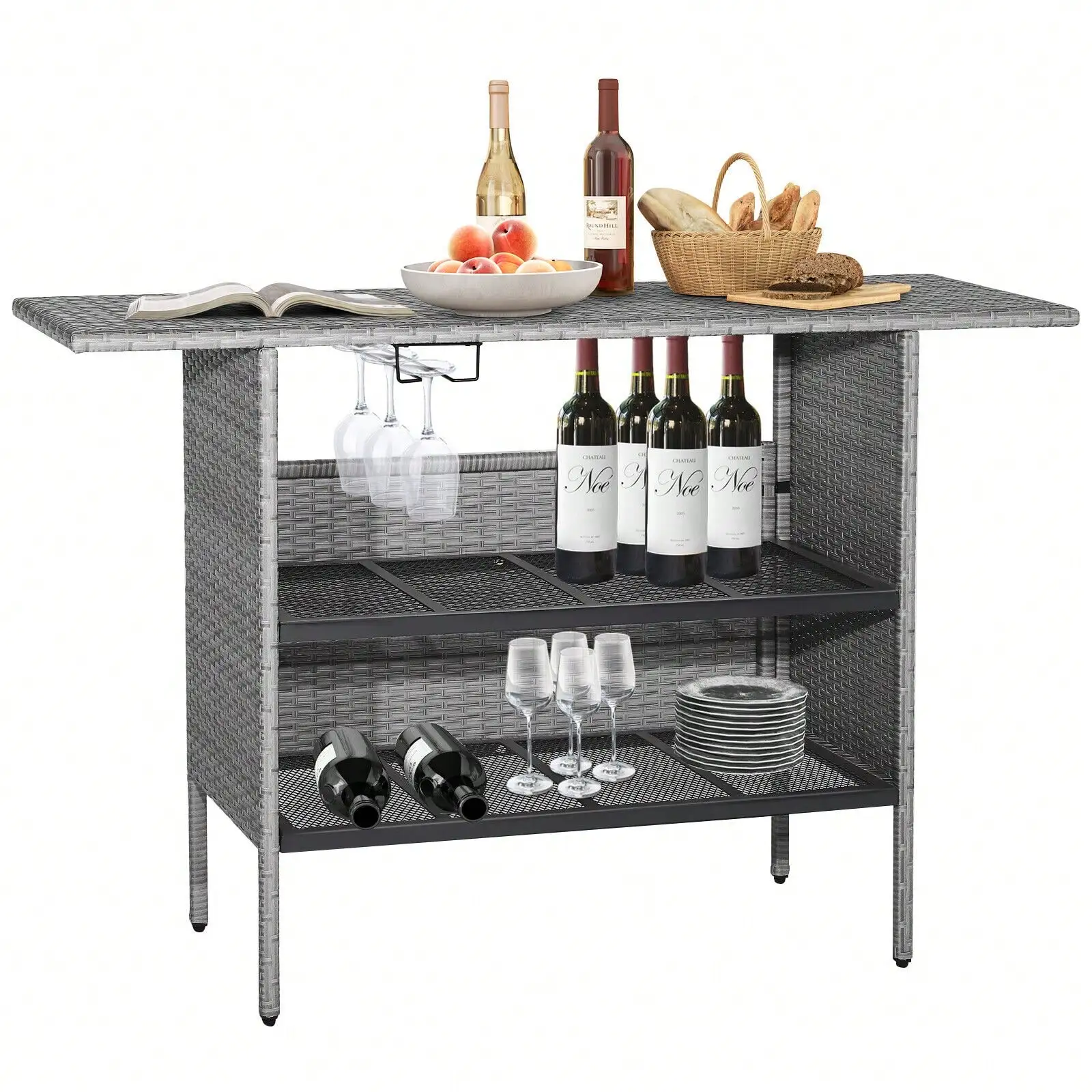 

Patio Rattan Wicker Bar Height Counter Table Storage Shelf Rail Garden