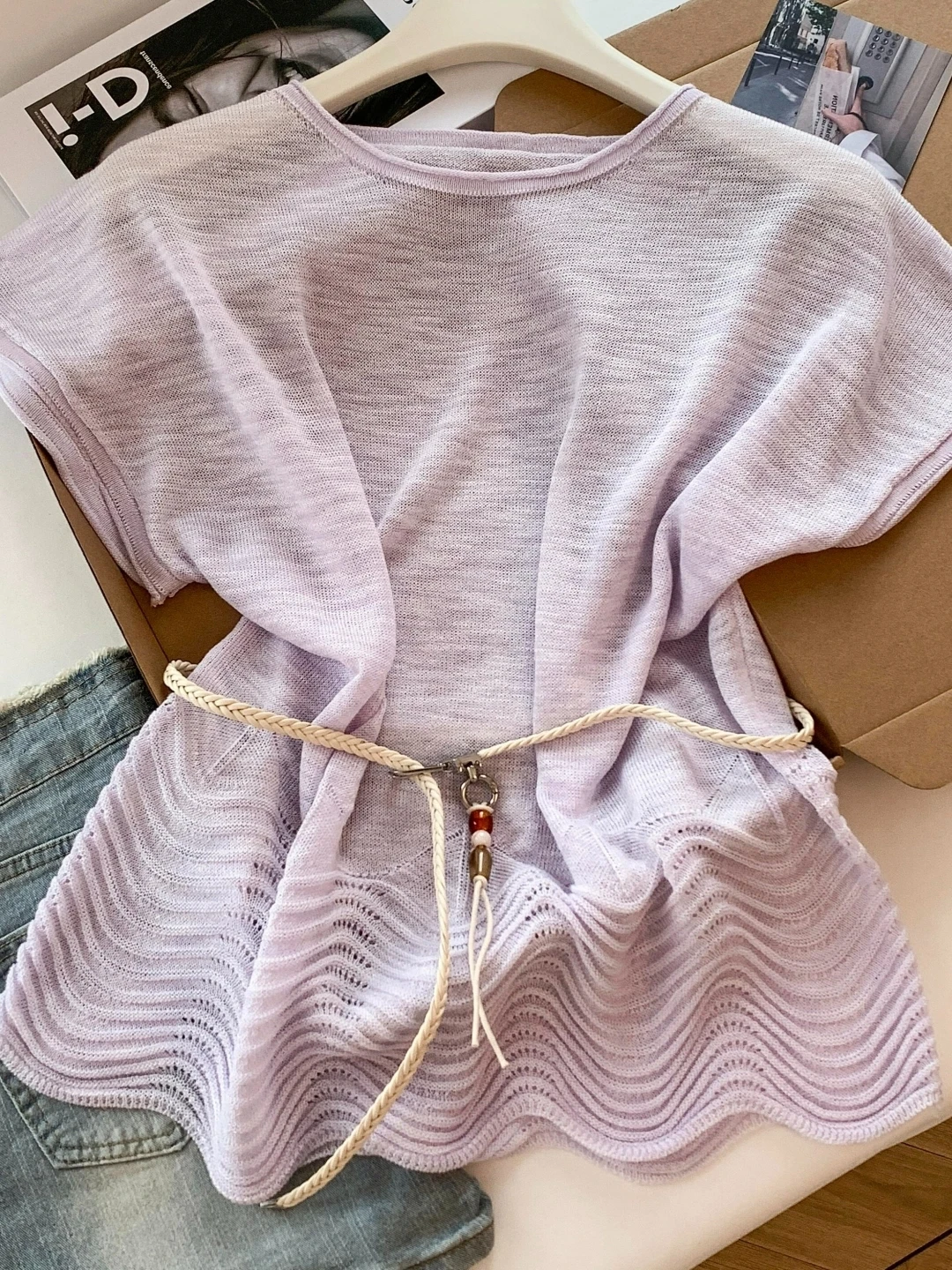 

Women's Soft Style round Neck Short Sleeve Knitted Top Slim Fit Thin Design Summer Fashion with Belt Hollow out Design