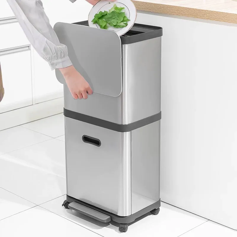 High Grade Stainless Steel Double Layer Sliding Lid Trash Can Foot Pedal Sorting Bin with Universal Wheels for Home Kitchen