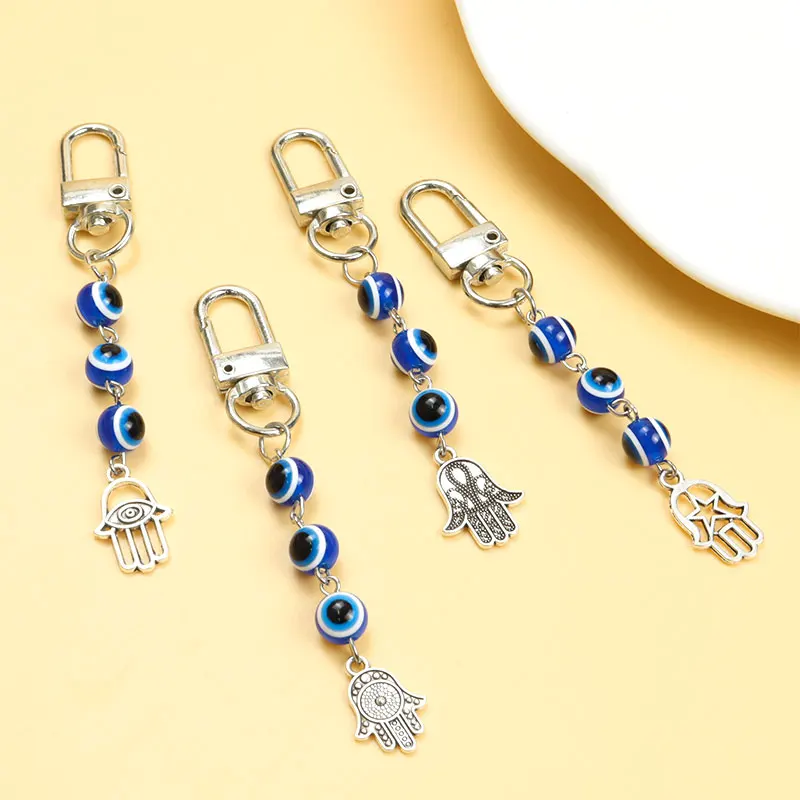 Blue Turkish Eye Resin Beads Keychain Lucky Evil Eyes Fatima Hamsa Hand Alloy Keyring For Car Key Chain Charm Accessories Amulet