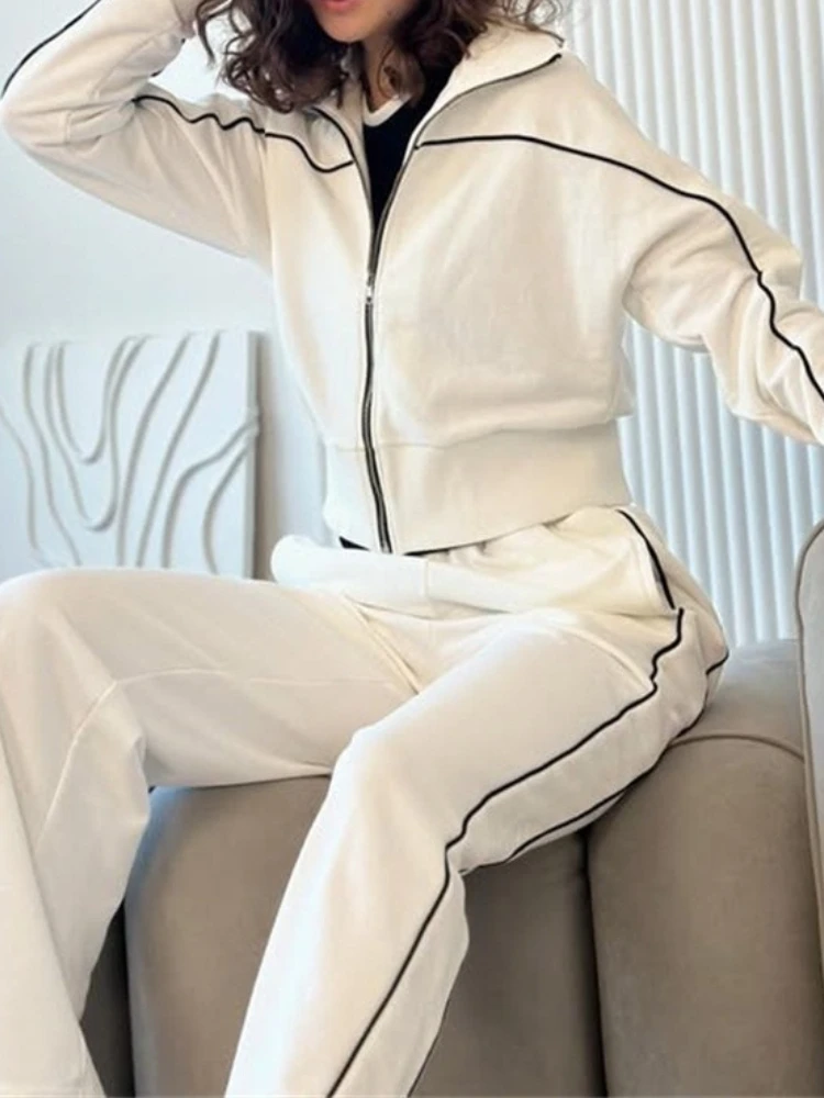 Tuta sportiva primavera autunno per donna Felpa a maniche lunghe con cerniera tinta unita ampia Cappotto Pantaloni con lacci a vita alta Set da 2 pezzi