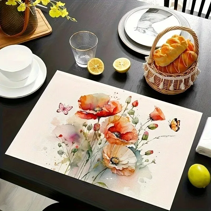 4/6/8PCS Spring Summer Placemats Floral Printed Watercolor Multicolor Decorative Linen Table Mat Dining Decor