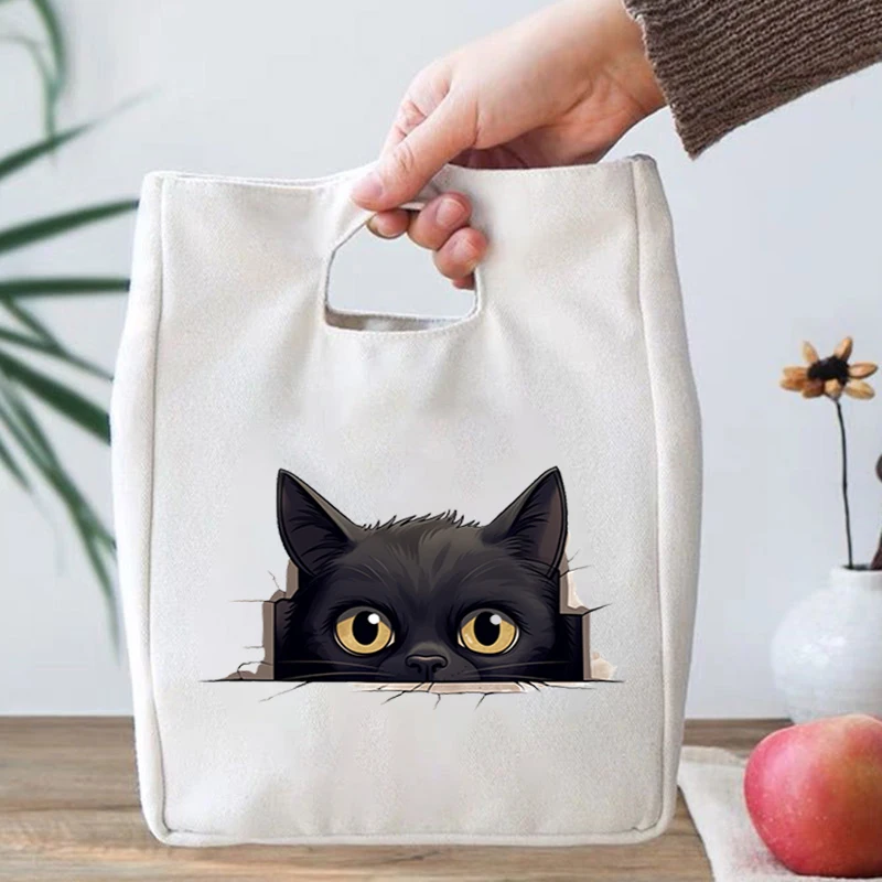 Portable Lunch Bag Cartoon Black Cat Pattern Food Thermal Box Canvas Handbags Women Kids Outdoor Insulated Food Bento Lunch Bags