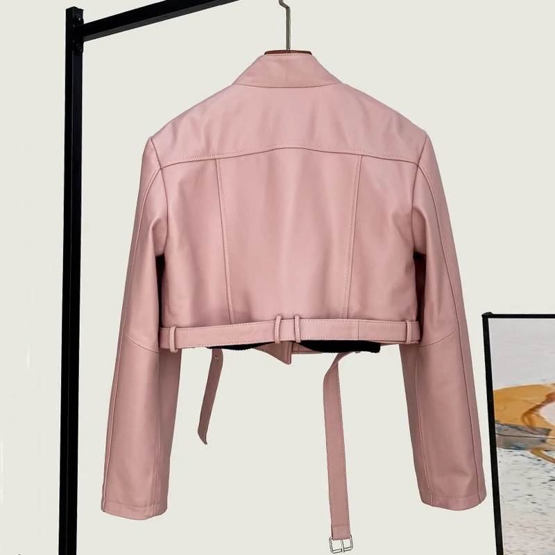 Giacche in vera pelle da donna 2025 New Fashion Colletto alla coreana Giacca stile moto allentata Cappotti corti in pelle di pecora a vita alta femminile