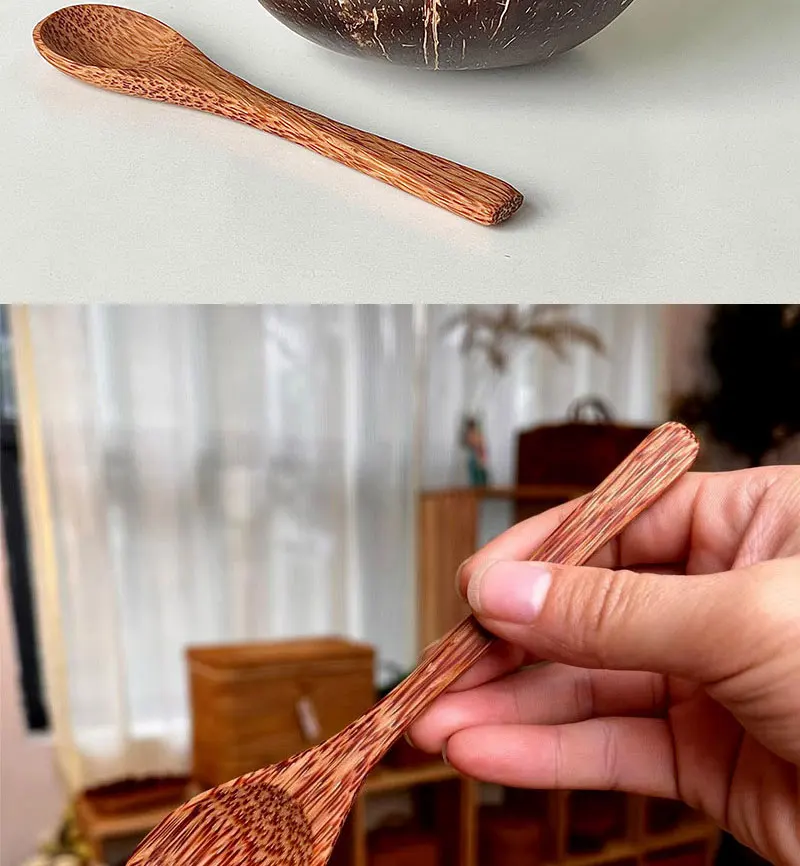 Natürliches Kokosnuss-Schalen-Set Handgefertigtes Holzgeschirr Holzlöffel Dessert-Obst-Salat-Mischschale Ramen-Aufbewahrungsschale Küchengeschirr – Detail 6