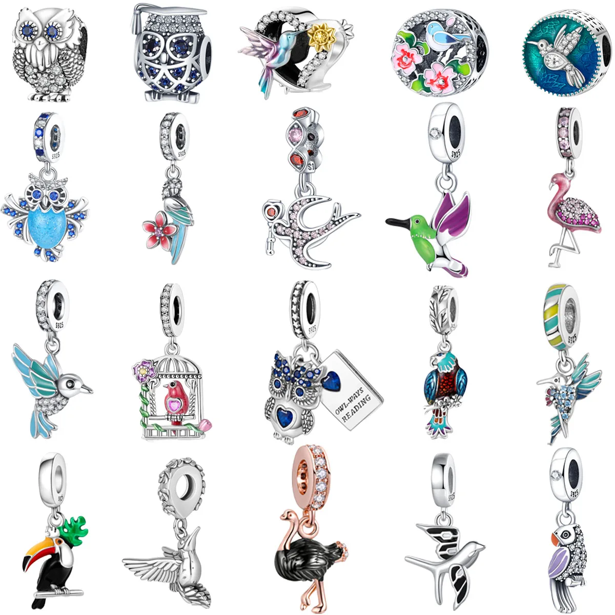 Original 925 Charms Sterling Silver Owl Ostrich Hummingbird Swallow Beaded Pendant for Pandora DIY Bracelet Ladies Jewelry Gift