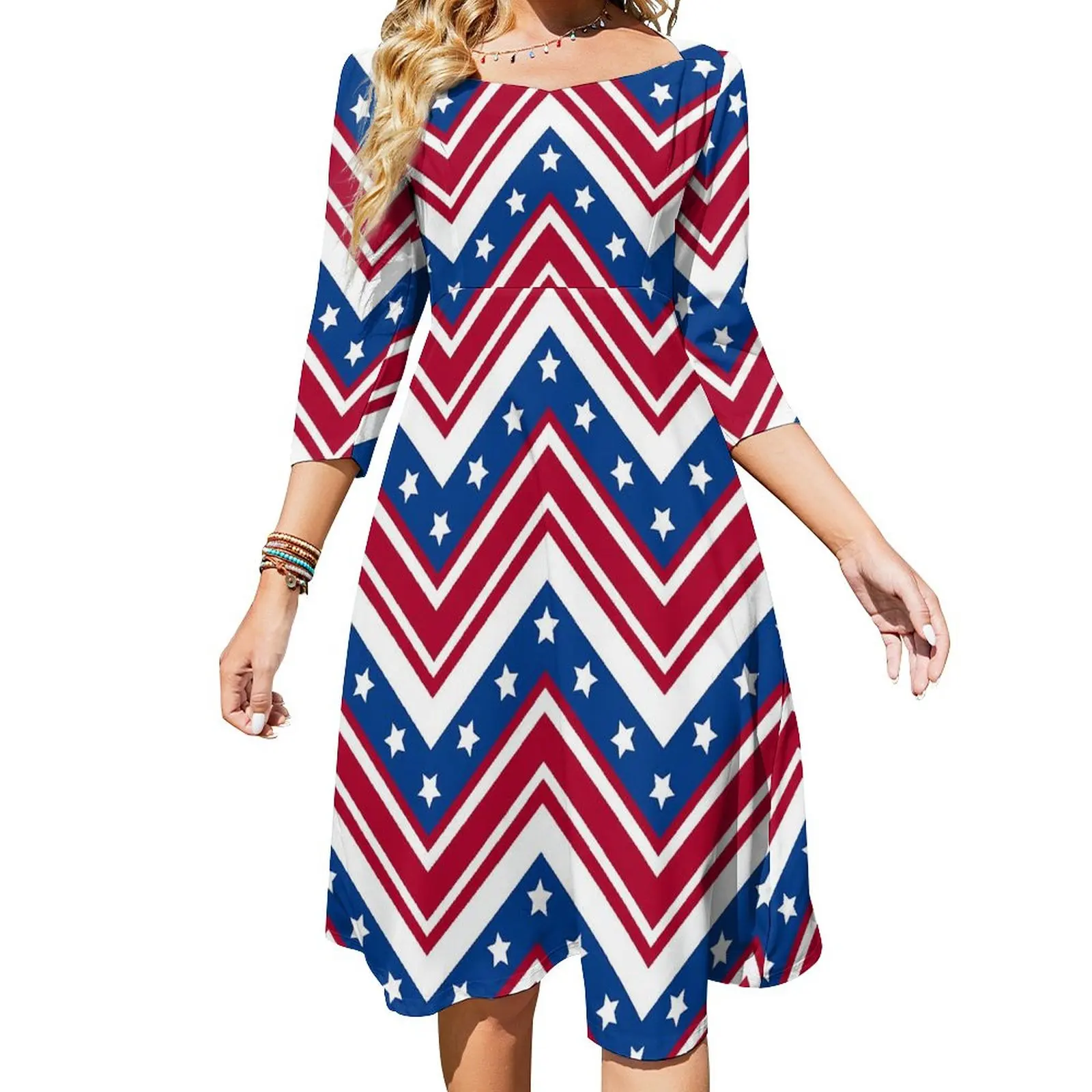 USA Flag Casual Dress Women Red White and Blue Zigzag Street Style Dresses Elegant Dress With Bow Summer Big Size Clothing