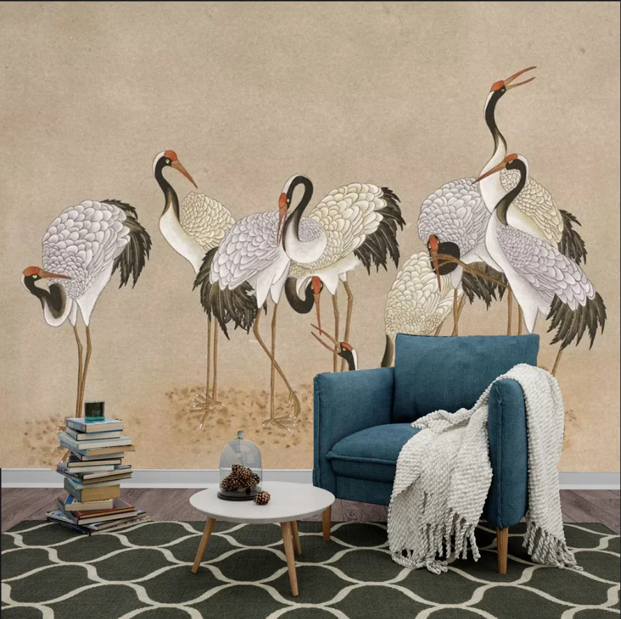 Customized Size Mural Chinese Flying Crane Cloud Mural Home Decoration Retro Grey White Pattern Mural Animals 3D Wallpaper