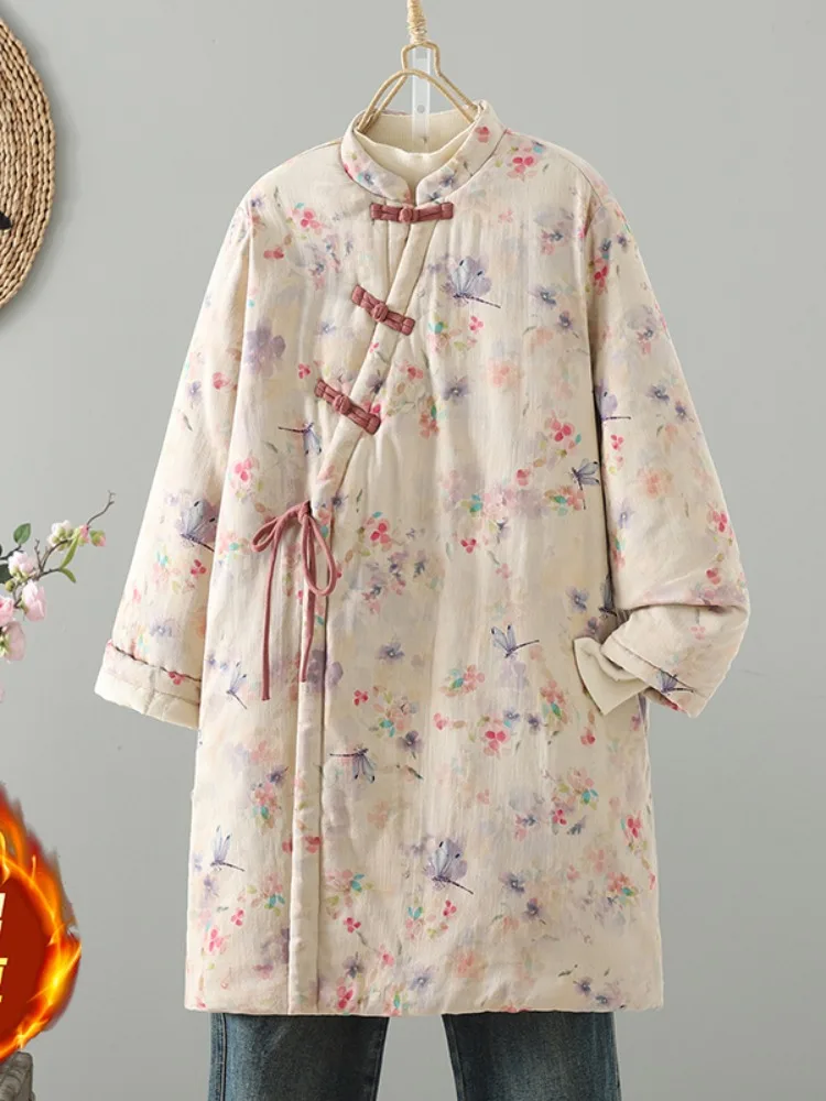 

Traditional Chinese Cotton Linen irt Collar Button Fem Winter New Chinese Sle Zen Handmade Cotton Padded Coat Robe