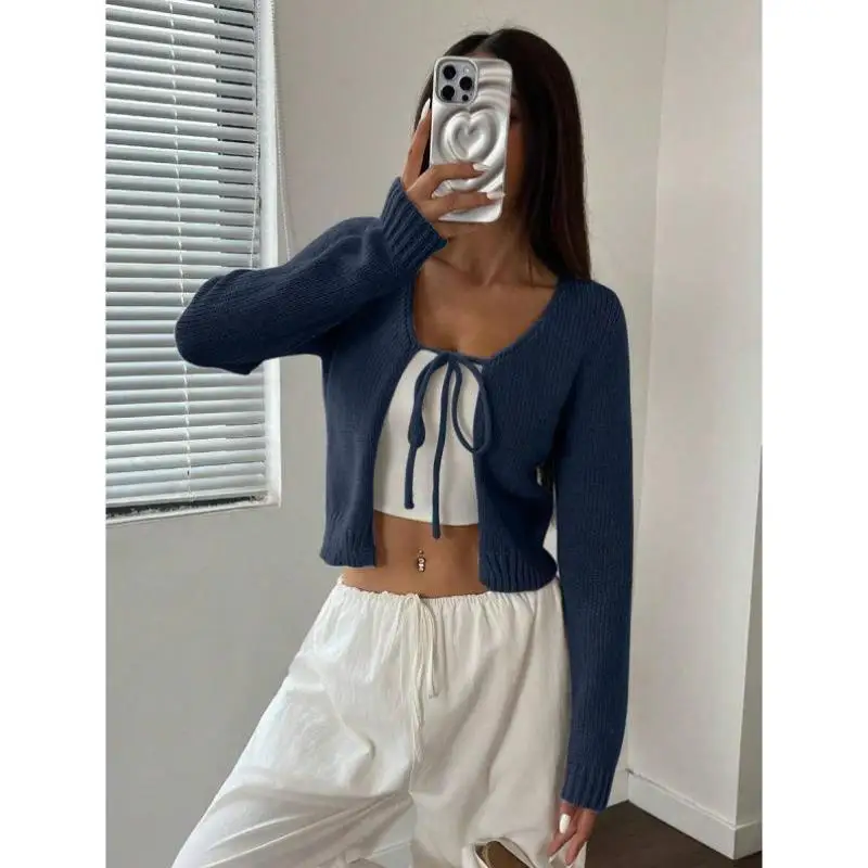 カジュアルなニットウェア カラー ロングスリーブ フロントブルーカーディガン 無地 シワ防止襟 ナインポイントスリーブ クールマックスファイバー