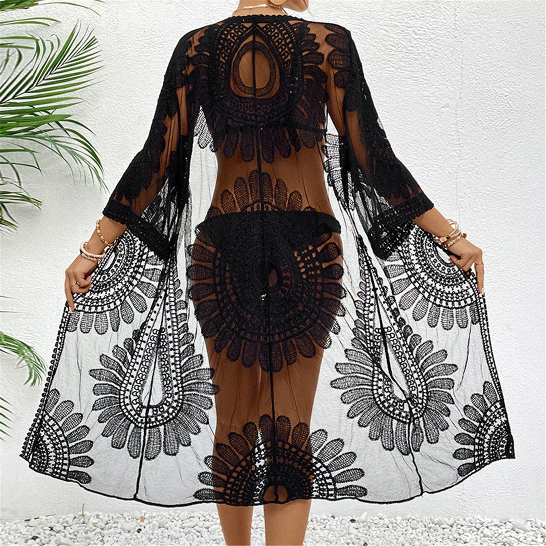 Sexy, bestickte, halblange Chiffon-Strickjacke, Tunika, Strandkleid, Strandmode, Damen, V5510 – Detail 12
