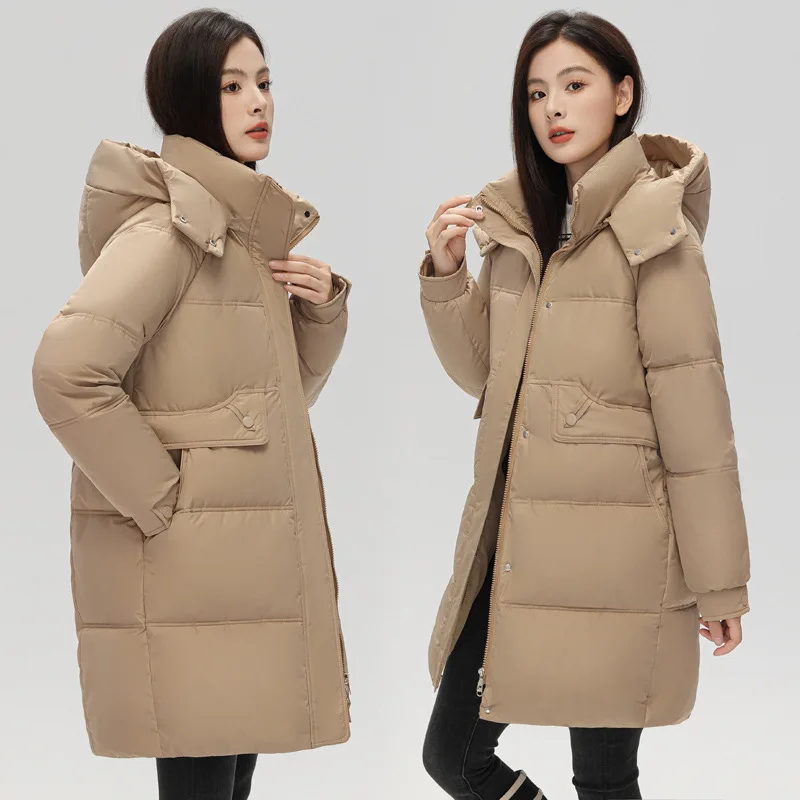 Women Hooded Parkas Coats Mid Length Solid Jackets Pocket Zipper Long Sleeves Thick Loose Fit Office Lady Casual 2025 Winter