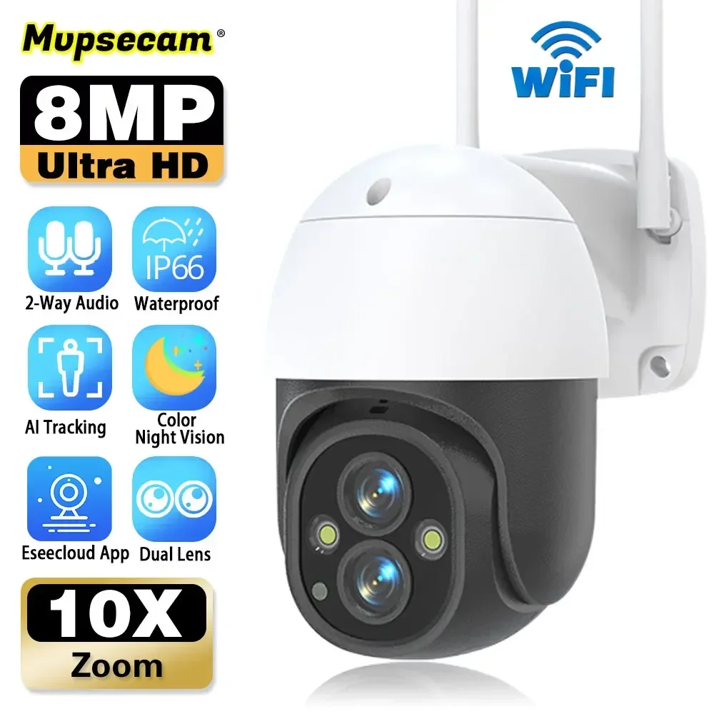 8MP WiFi Camera Outdoor 4K 10X Zoom Dual Lens Wireless CCTV Video Cameras Auto Tracking Security Protection Smart Surveillance