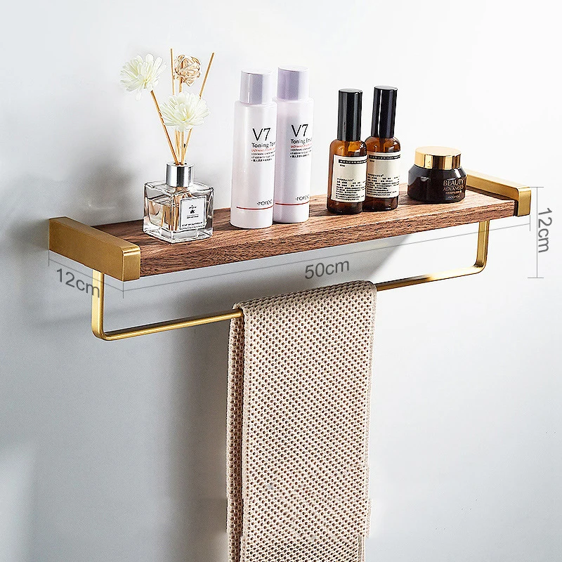 

Walnut Bathroom Shower Shelf Wall-mounted Bathroom Storage Rack Brushed gold Towel Rack Bathroom Wood Shelving With Rod