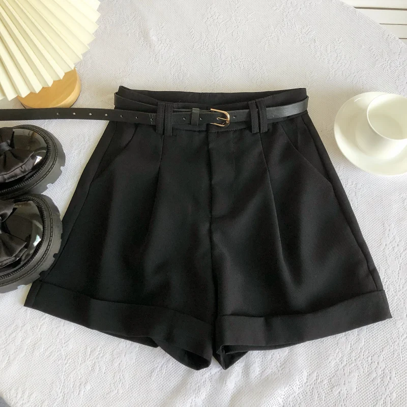 ベルト付き春夏韓国ワイドレッグスーツショーツ女性オールマッチワイドレッグショーツオフィスレディースハイウエストAラインカジュアルショーツ