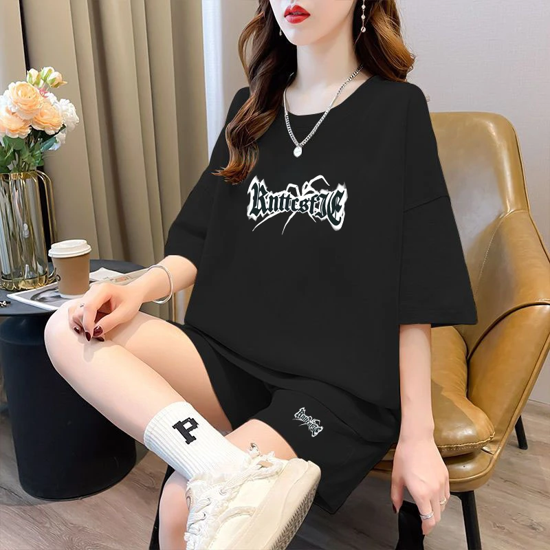 

Женский летний спортивный костюм: свободный крой, шорты и футболка с коротким рукавом, комплект из двух предметов, для бега, модный, стройнящий, в корейском стиле, повседневный