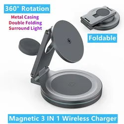 Foldable Magnetic Wireless Charger Stand For iPhone 15 14 13 Pro Max Apple Watch Airprods Pro 3 in 1 Fast Charging Dock Station