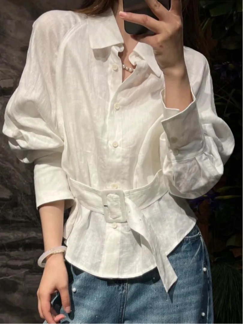 

White Long Sve irt Women's Commute Sle Slimming Cotton Classic Collar Spring New Arrival Faionable Versatile Top