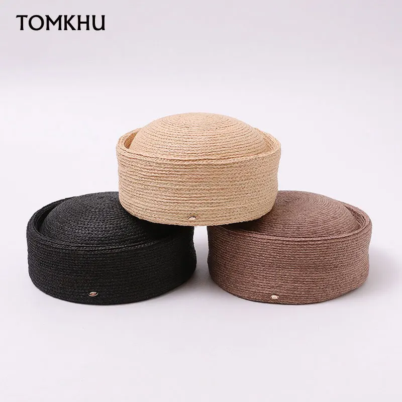 Retro Premium Lafite Straw PillBox Hat Women's Fedora Concave Top Handmade Summer Sun Hat Church Hats Women Elegant Dinner Hat