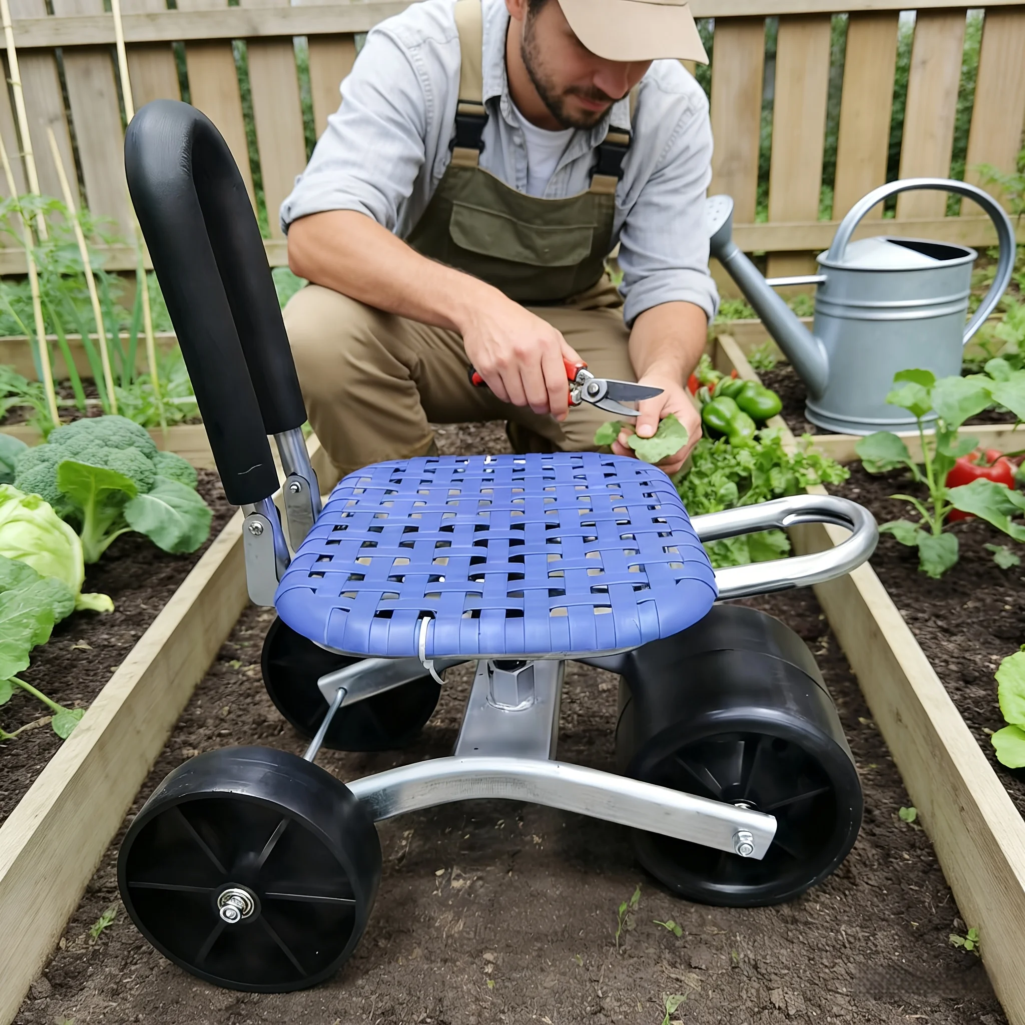 Rolling Garden Cart with Seat, Adjustable Height, 360° Swivel Wheels, Heavy-Duty Gardening Stool for Planting & Yard Work