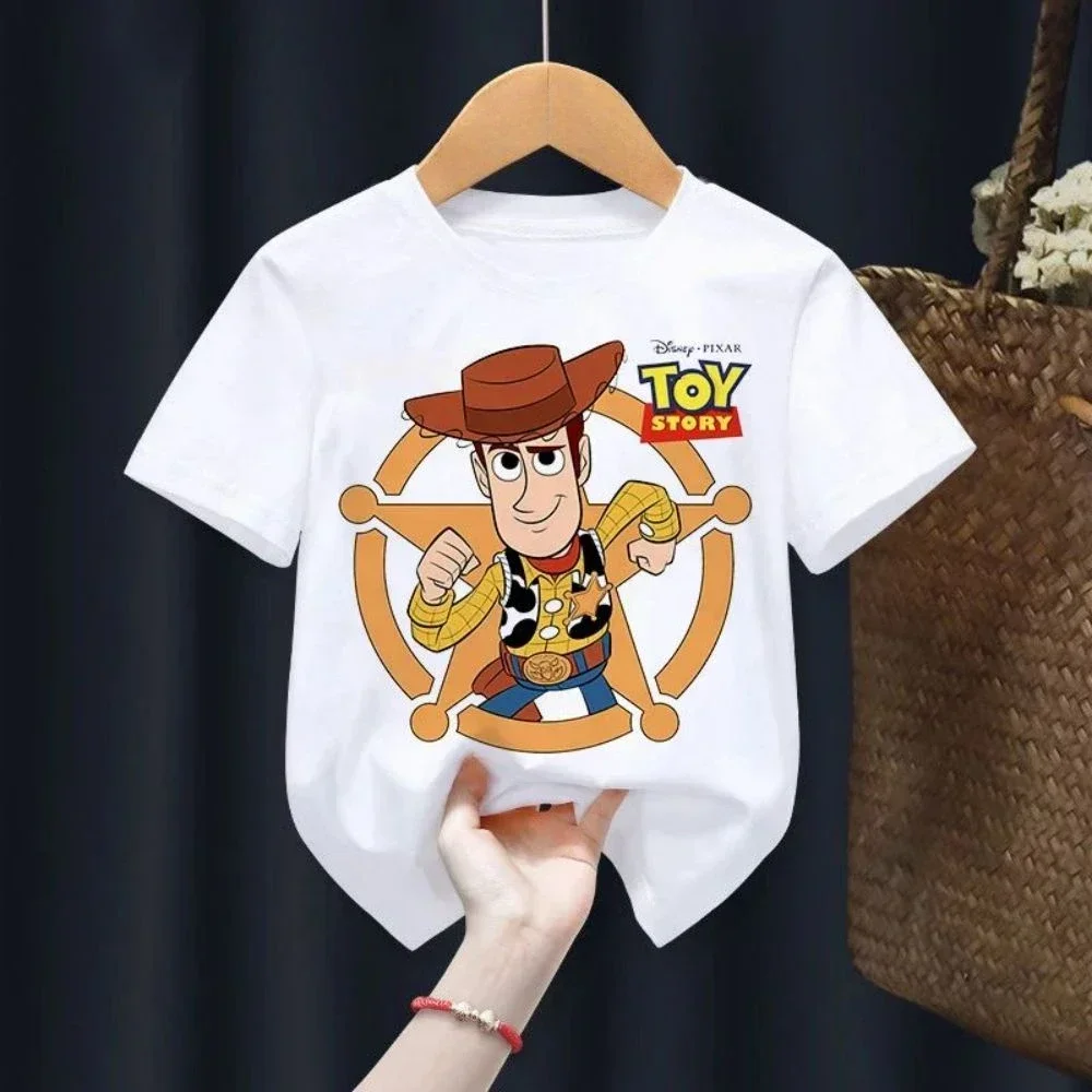 Camiseta de verano Toy Story para niños, ropa de Woody Buzz Lightyear, camiseta informal Kawaii de manga corta con dibujos animados de Anime para niños y niñas