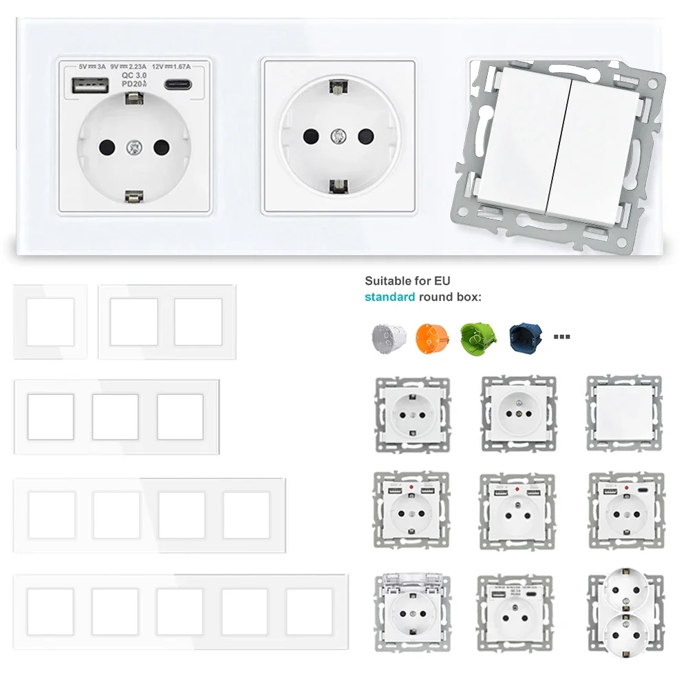 SRAN F6 serie múltiples marcos panel de vidrio templado blanco, enchufes y interruptores EU FR UN atenuador ventilador lámpara de pie módulo Rj45 DIY