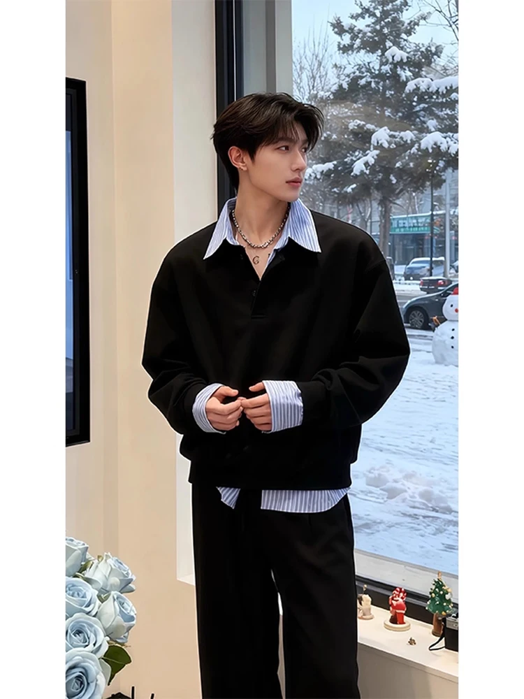 Thiened Fce Sudadera con capucha para hombre V-ne Ropa interior Camiseta Bla Look de dos piezas College Sle Ropa de abrigo cálida de invierno a rayas